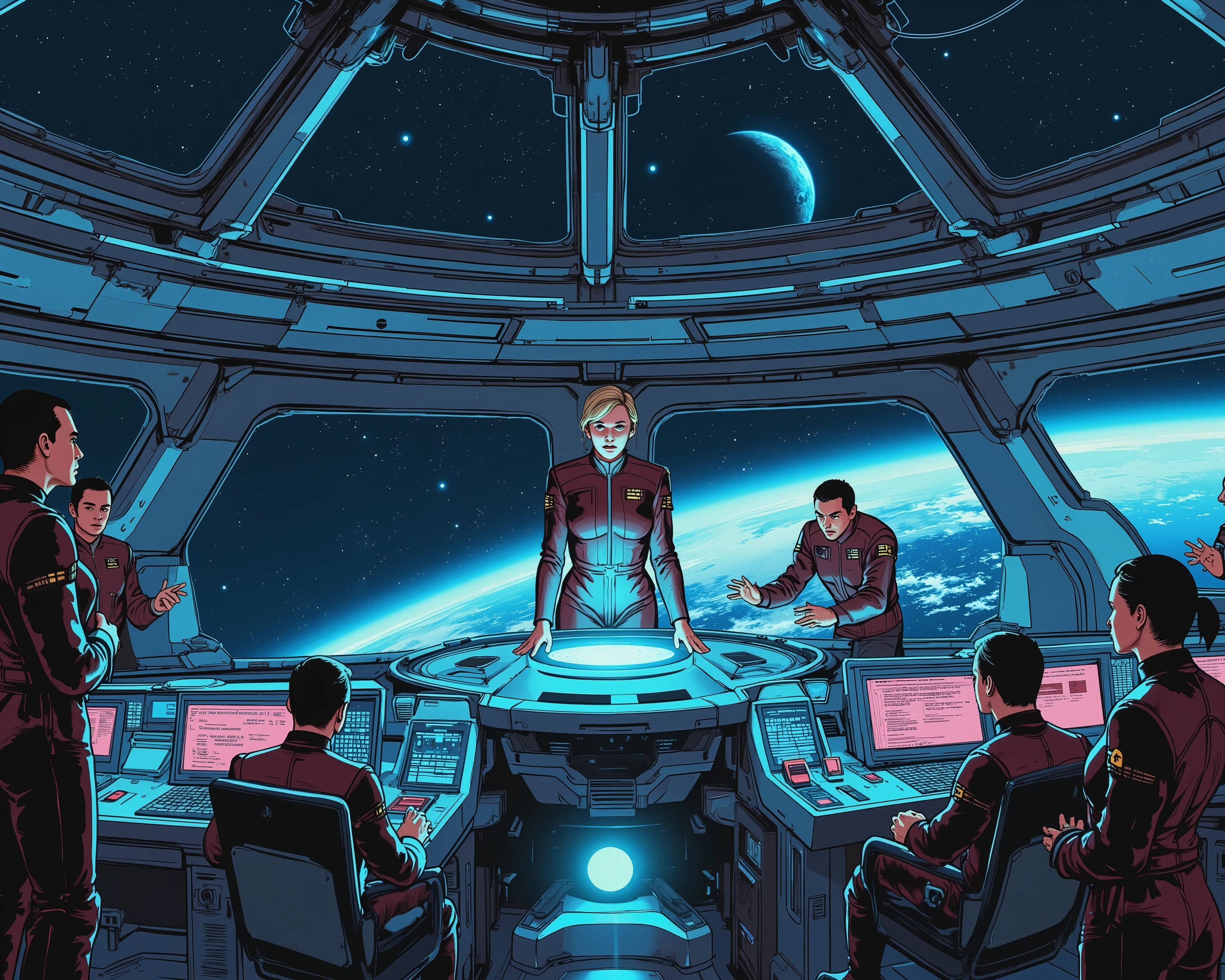 Create a detailed illustration of Captain Elena Egorova on her spaceship's bridge, highlighting her commanding presence and the advanced technology around her. The scene should convey authority, exploration, and the vastness of space.
Key Elements:
1.
Character Portrayal:
Pose: Elena stands confidently at the central console, posture straight and poised, exuding leadership and determination. Her expression is focused and alert, with a hint of curiosity.
Appearance: Short, neat haircut, strong features, and sharp, attentive eyes reflecting her experience.
2.
Attire and Accessories:
Uniform: Sleek, functional uniform with subtle armor plating and advanced materials, combining practicality with elegance.
Accessories: Communicator or devices attached to her uniform, badge or insignia indicating rank and affiliation.
3.
Bridge Environment:
Layout: Spacious, high-tech command center with panoramic viewports, advanced control panels, holographic displays, and ergonomic seating.
Technology: Sleek, futuristic consoles with touchscreens, holographic interfaces, and ambient lighting that changes with the ship's status.
Ambiance: Soft lighting and technology hum create calm efficiency. Viewports show distant stars or a nearby celestial body.
4.
Crew Interaction:
Team Dynamics: Other crew members are present, engaged in their tasks, professional and focused, with a sense of camaraderie and trust in their captain.
Communication: Elena may be giving orders or in conversation, with subtle gestures or expressions conveying leadership.
5.
Stylization:
Art Style: Clean, detailed, and slightly stylized, with a focus on realism but emphasizing futuristic and adventurous aspects.
Color Palette: Mix of cool and warm tones, blues and silvers for technology, warmer tones for characters and lighting.
6.
Atmosphere and Mood:
Mood: Anticipation and exploration, with calm authority and readiness for the unknown.
Lighting: Strategic lighting highlights Elena and the central console, emphasizin