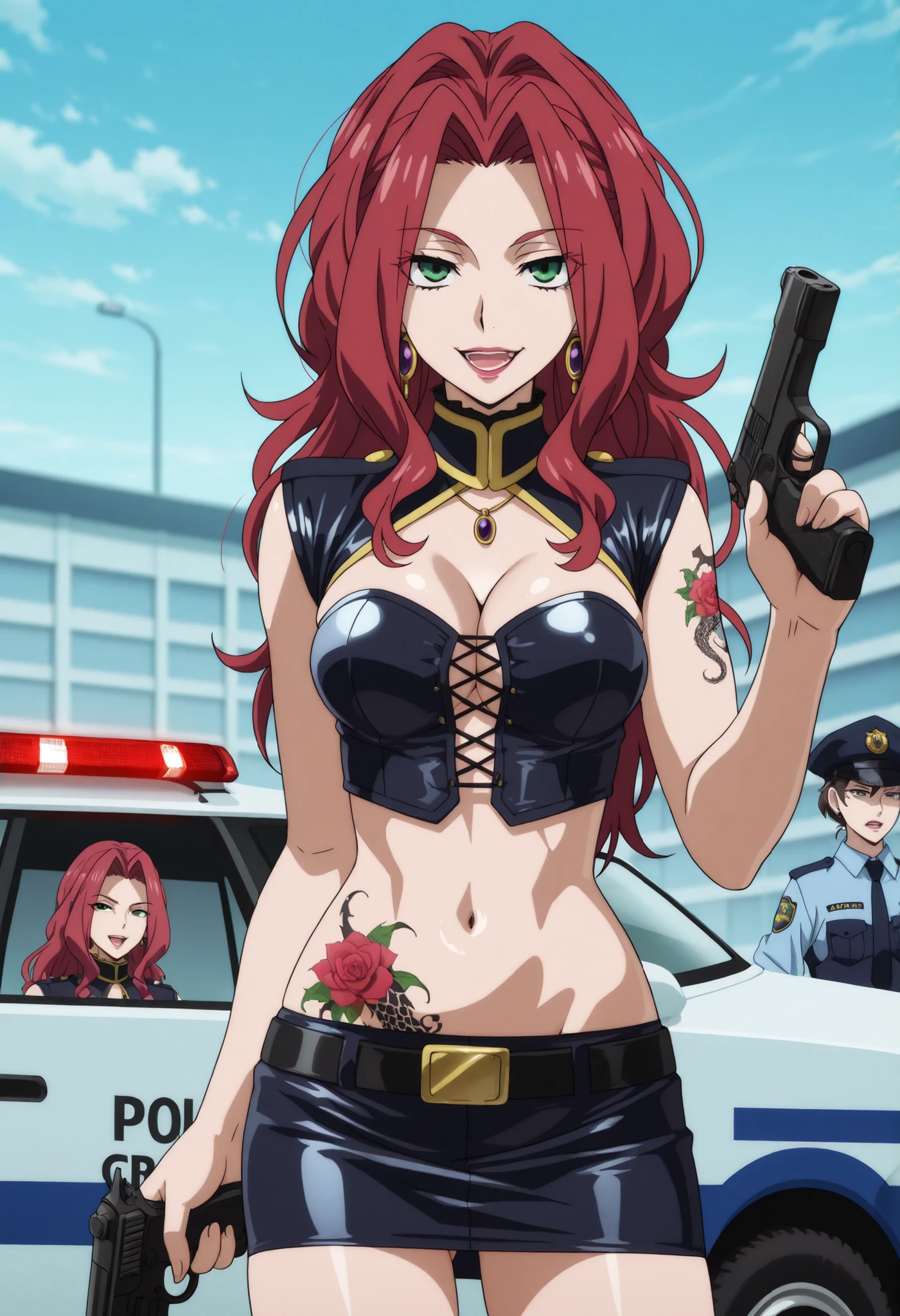 Malty Melromarc (The Rising of the Shiel)  beautiful body,athletic body,  beautiful breasts, ,visible private parts , ultra detailed image, anime image ,girl, anime malty, medium Breasts, excitement, red hair, green eyes , ear piercing, long hair,  lipstick,Hot girl, baddie, sensual, attractive ,jewelry, earrings, long hair, attractive , masterpiece, best quality, highly detailed, a girl in police uniforms , police outfit, military 
outfit, open mouth, cleavage, evil smile, smile, (nsfw) not safe for work, official artwork, , 
beautiful girl, micro pencil
skirt, pencil skirt, micro skirt, exposedbelly, exposed navel, exposed midriff, exposed lower 
belly, holdi
ng a gun, holding pistol,next to police car,police station, police car, 
,, dragon tattoo , narrowed eyes , tattoo midriff ,,