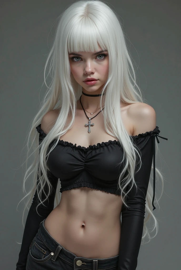 Lucy Heartfilia, blackquality hair, white skin covered in white makeup, punk clothes