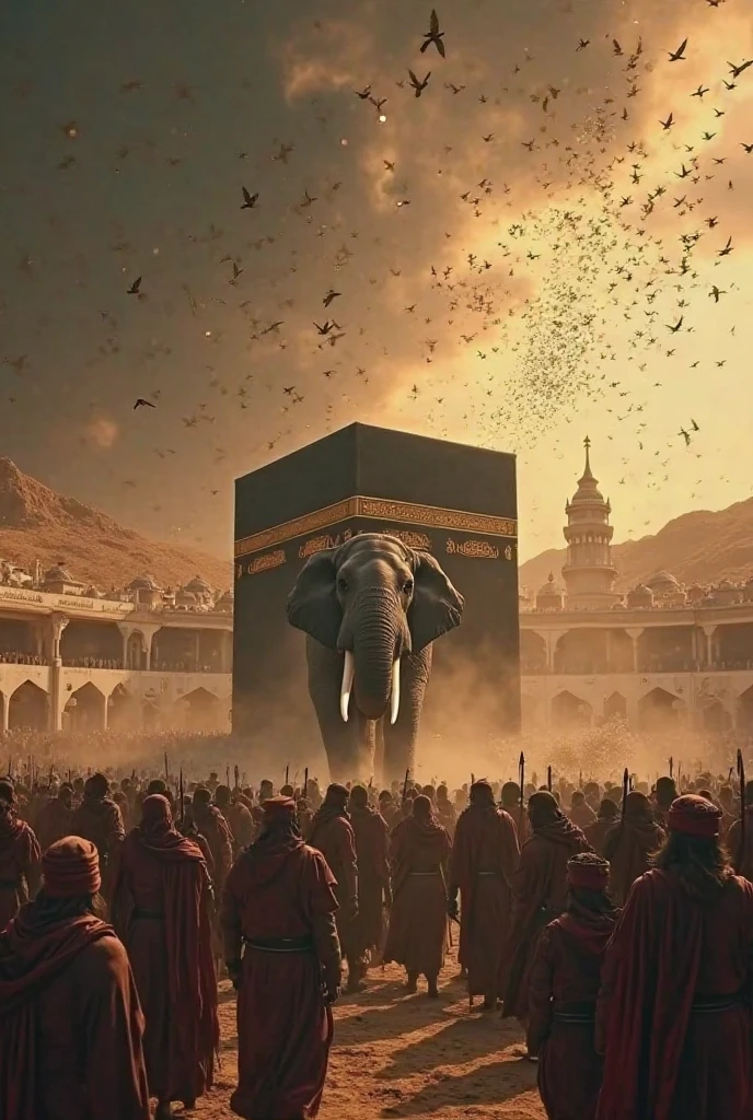 একটি হাতি পবিত্র কাবার সামনে আর অনেক মানুষ তাদের হাতে লাঠি