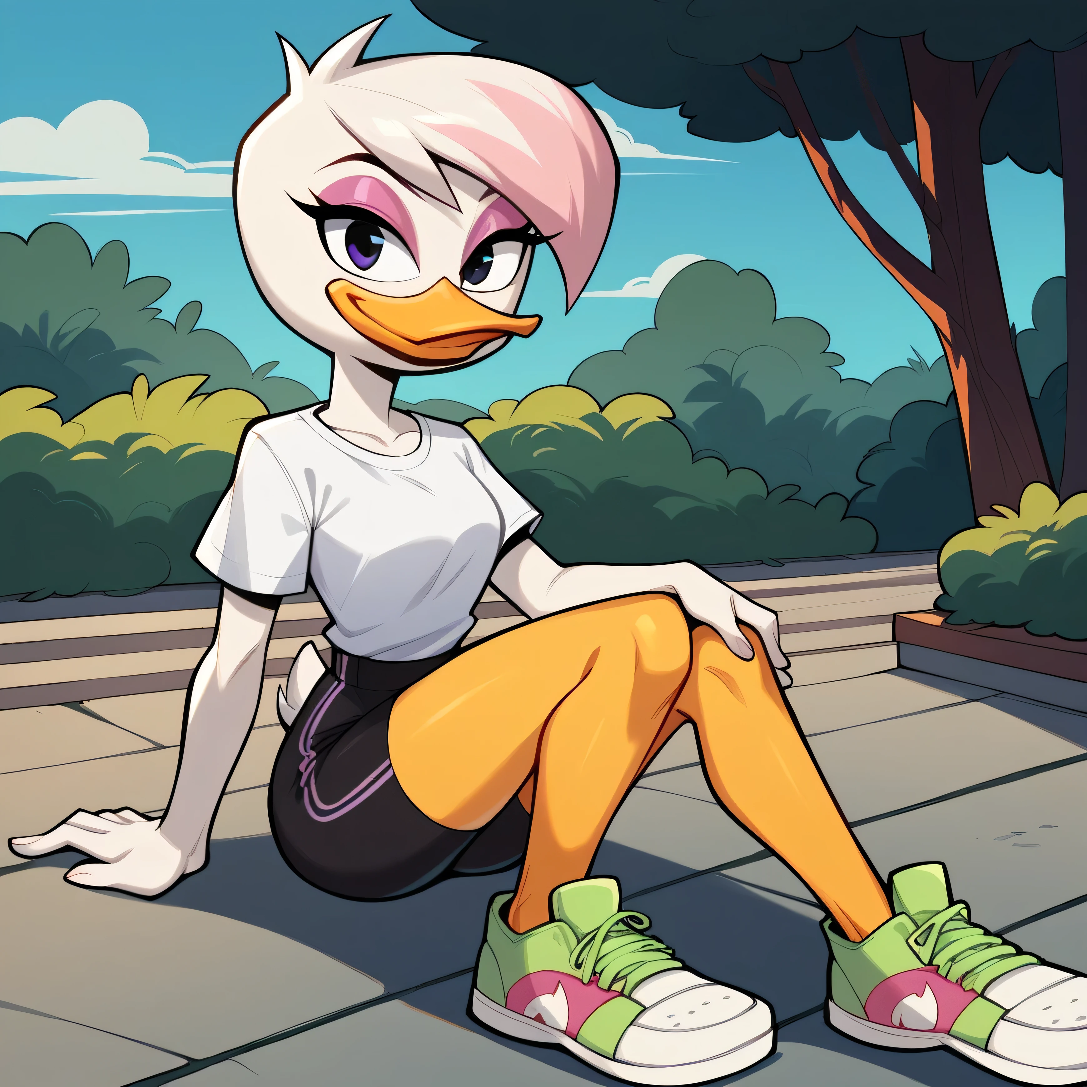 source cartoon, 1girl, female, solo, duck, beak, lena sabrewing, ducktales, duck, beak, wanting a hug towards viewer, medium chest, white shirt tucked out, white skin, black tight shorts,white hair, pink highlights, short hair, eyeliner, purple eyeshadow, pink eyeshadow, orange legs, sneakers, friendly, sexy, smiling, happy, looking at viewer, sitting, sunny, eye lighting, outdoors:1.2,