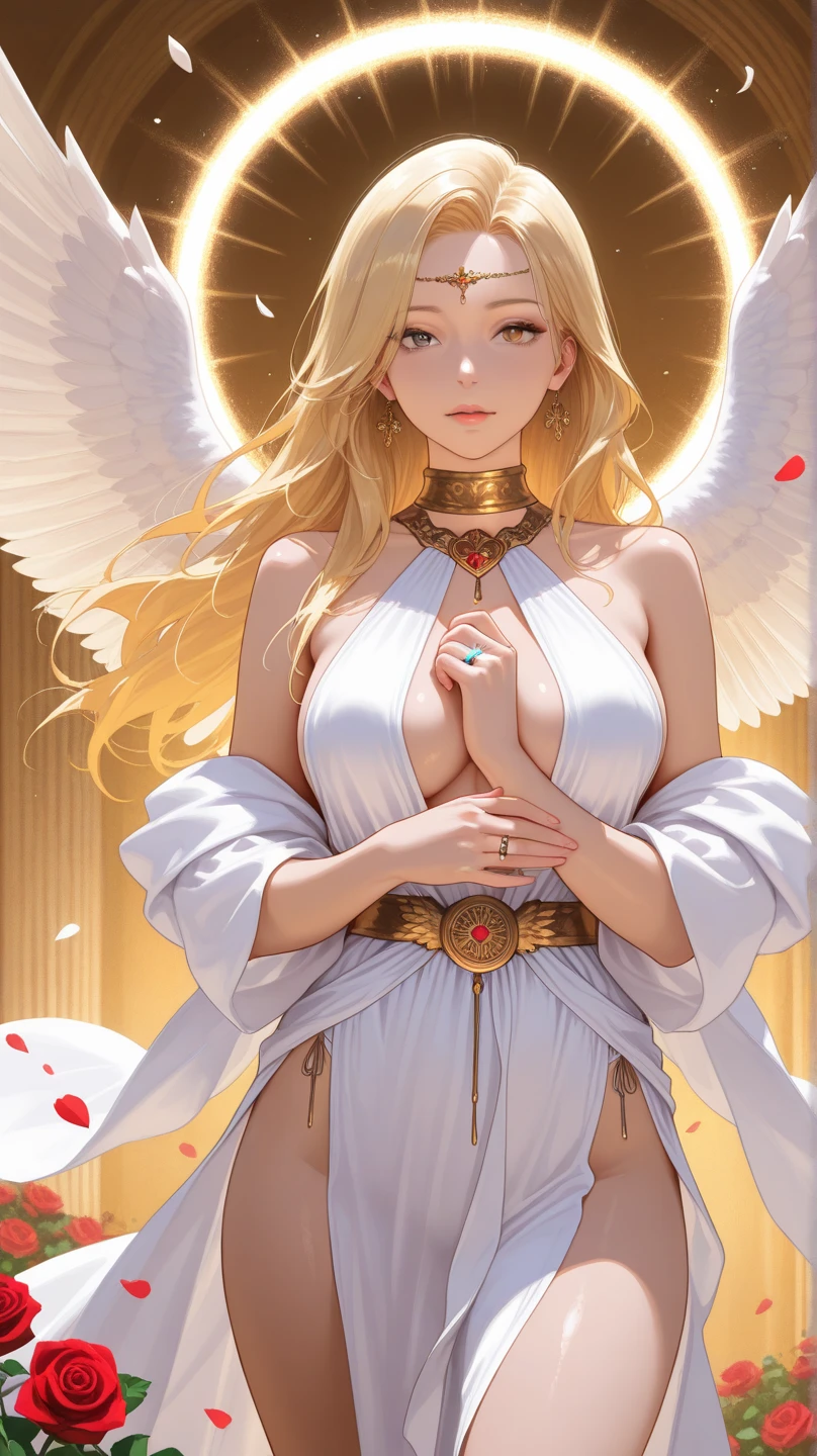 One beautiful woman Angel White Feather Robe Gold Ring aura