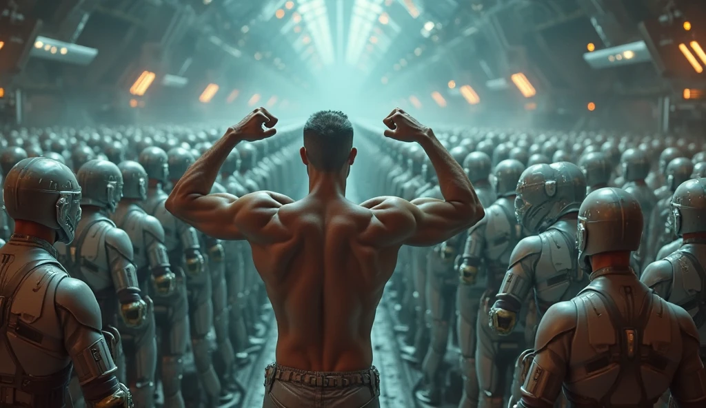 Gym boy with exercise in space ship