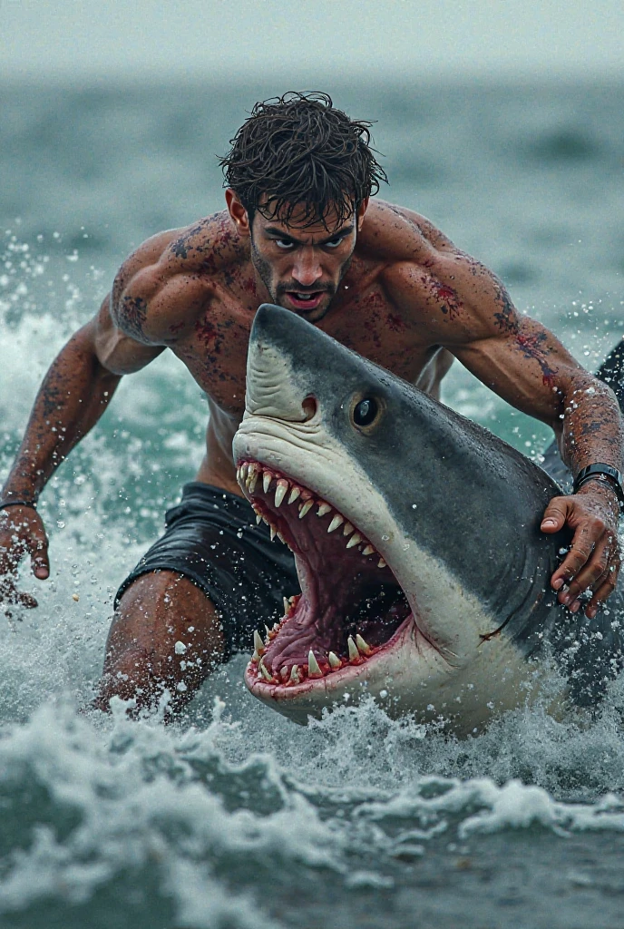 Strong light-skinned man who fought the shark by riding a tiger shark with blood and wounds, The man's face should be very clear and he should have a small beard.