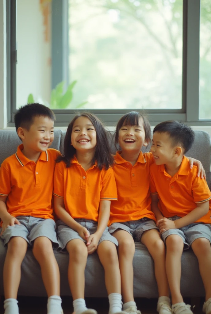 Character: Two girls and one boy. The boy has short black hair, a red shirt, black pants, and black eyes. He is sitting. Character: The girl has long wavy hair, a red shirt, a black skirt, black tights. The other girl has short brown hair, black eyes, a red shirt, and black pants.
