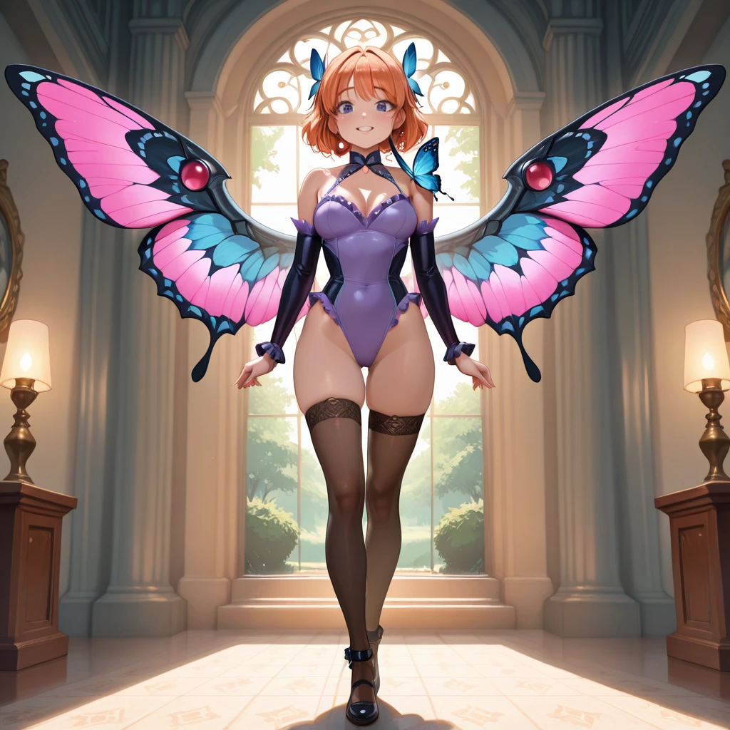Magenta hair, hazel eyes, older woman, hair bows, cat ears, long hair, smiling face, sexy outfit, butterflies, teal and gold outfit, butterfly background