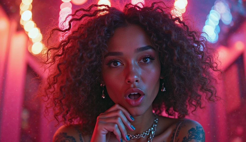 A young adult black African woman, bright and magical eyes, dangerous features.long curly bangs with extremely long curly white,neon pink and black hair.white constellations skin body tattoo,muscular body,glossy lips.seductive look, mischievous smile with tongue out.dynamic light and shadow.in a bedroom.lying on a bed.wearing sexy black underwear with fishnet stockings