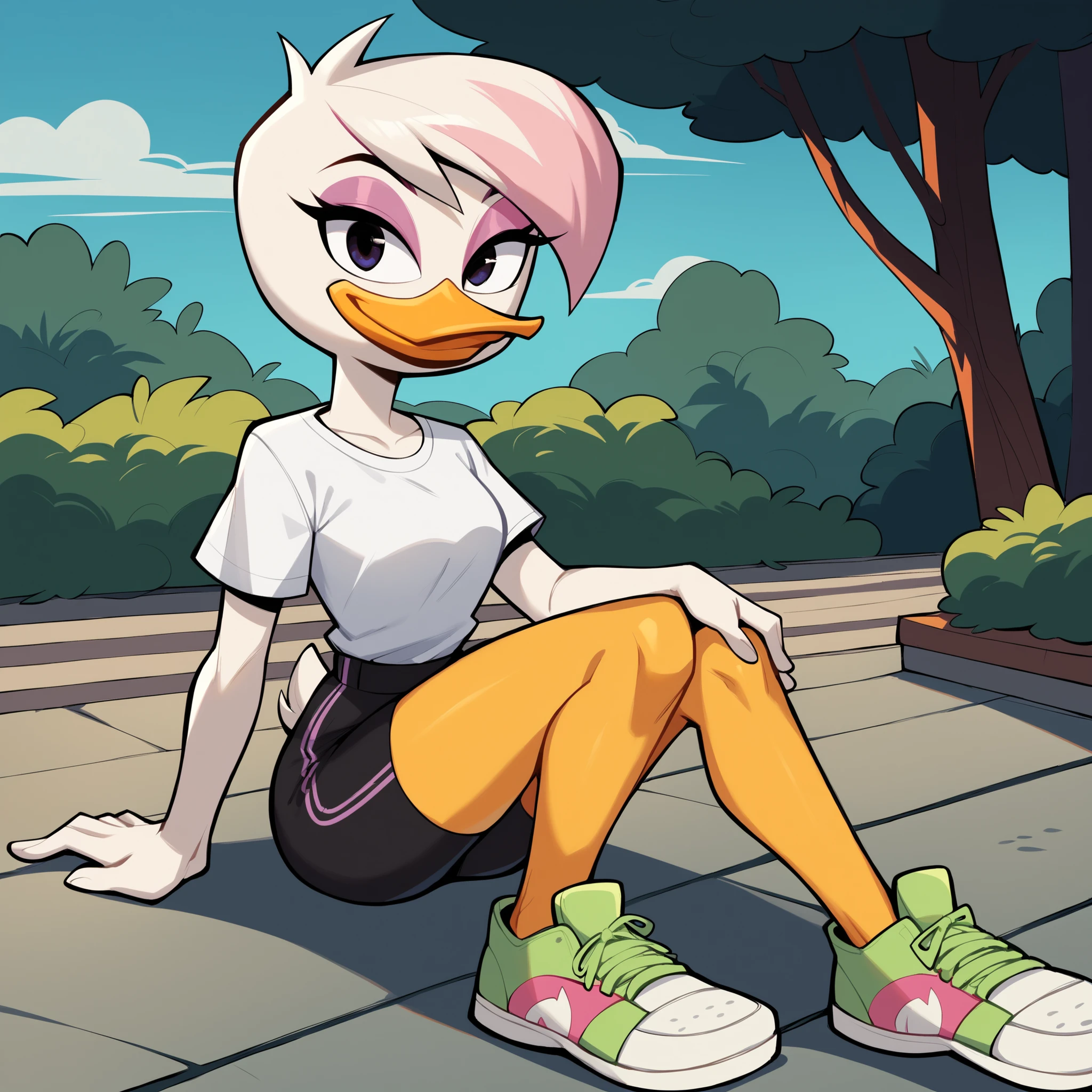 source cartoon, 1girl, female, solo, duck, beak, lena sabrewing, ducktales, duck, beak, wanting a hug towards viewer, medium chest, white shirt tucked out, white skin, black tight shorts,white hair, pink highlights, short hair, eyeliner, purple eyeshadow, pink eyeshadow, orange legs, sneakers, friendly, sexy, smiling, happy, looking at viewer, sitting, sunny, eye lighting, outdoors:1.2,