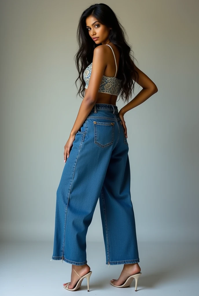 Woman 30 years old, Arabian face with wavy hair, with turquoise high heels escarpins, light blue large jeans, strongly exhaling the smoke of her cigarette  