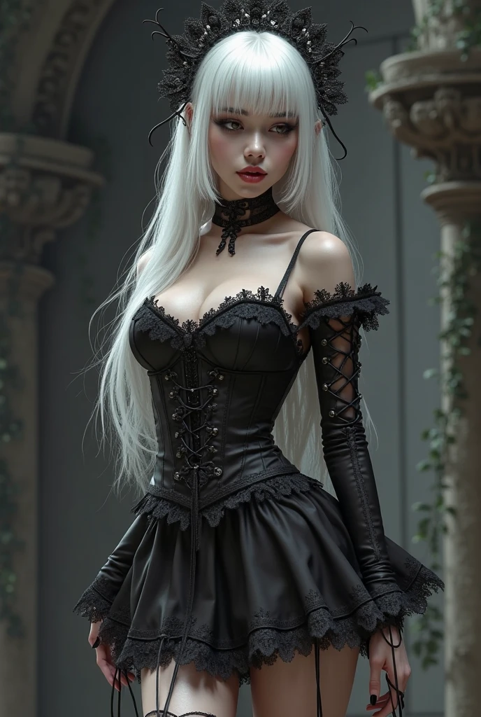 goth girl, white hair, heavy goth makeup, portrait, dark, corset, armpit