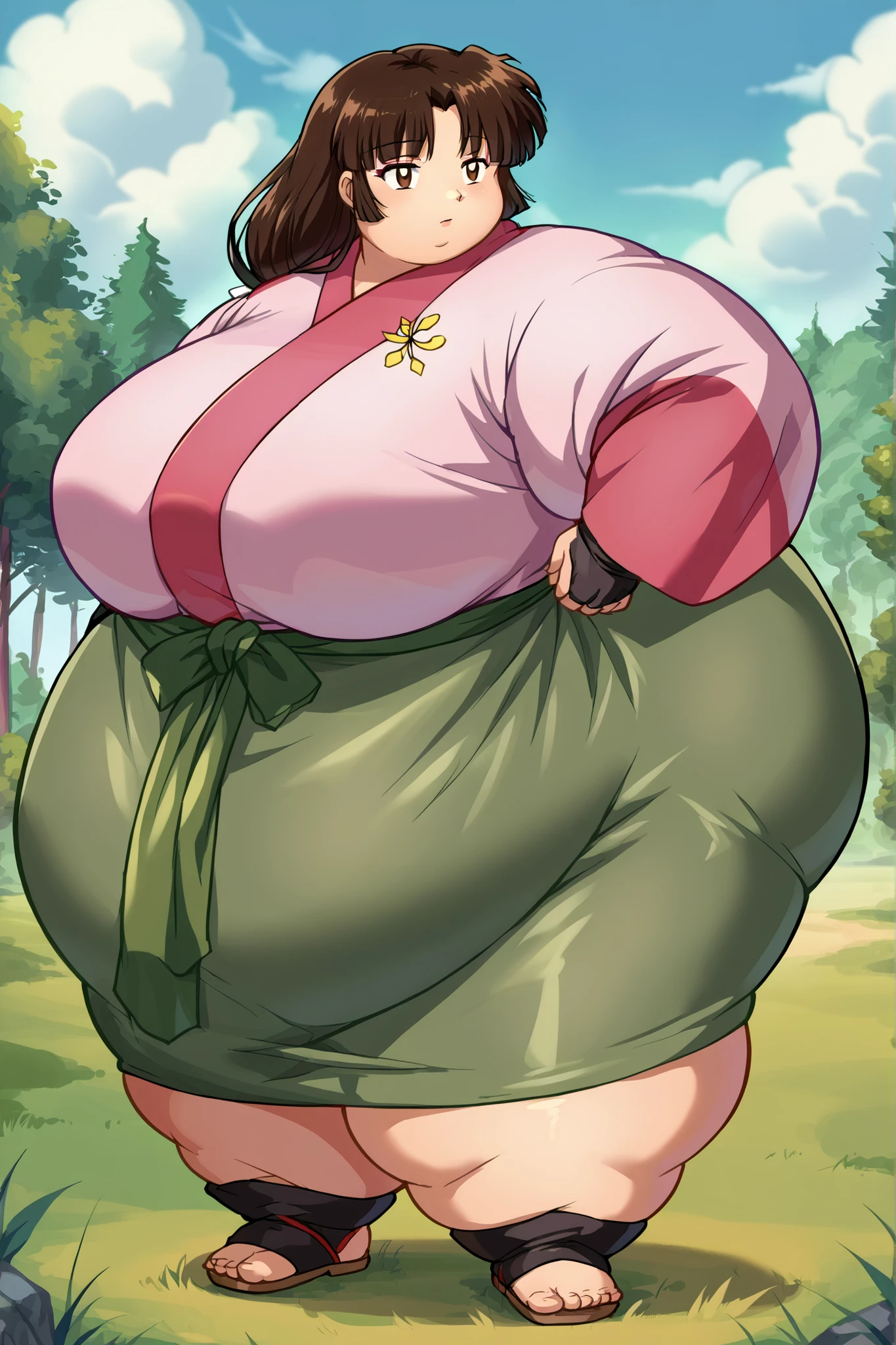 anime screencap, score_9, score_8_up, score_7_up, source_anime BREAK sango, 1girl, solo, brown hair, parted bangs, low-tied long hair, brown eyes, outdoors, grass, day, pink kimono, green long skirt, black bridal gauntlets looking at viewer, large breasts, looking at viewer, fat, chubby, obese, gigantic arms and legs, gigantic arms and legs, outside, morbidly obese, blob, blank expression, tight_clothes,tight,(skindentation), empty eyes, half-closed eyes, Hugging self, growing fatter, growing bigger, back fat, fat back