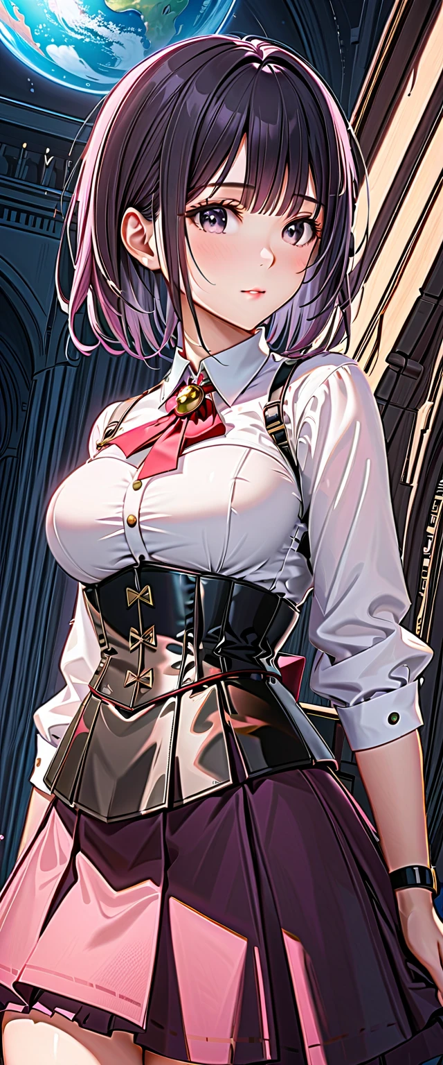 (((masterpiece)))、((Best Quality))、(very detailed)、(CG illustration)、(is so beautiful ))、 cinematic light 、(((1 mechanical girl)))、 sf、apocalypse、、graduate School(Beautiful and luxurious:1.2)、(one girl on her back:1.3)、facing the front, (Double Breasted,underbust:1.2), button gap ,((( CORSET BELTS ))),(((High Waist Skirt,)))Big Breasts