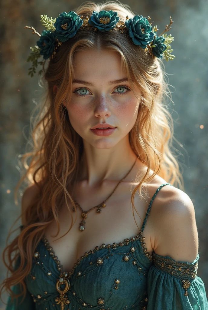 ((Best quality, 8k, Masterpiece :1.3)), 1girl, Pretty woman :1.3, Ultra-detailed face, Detailed eyes, Double eyelid, Princess, ((fantasy)), ((beautiful orange and red royal dress)), ((intricate flower design)), many details, transparent part, ((long wavy blonde hair)), braided hair, green and blue mystical eyes, full body image