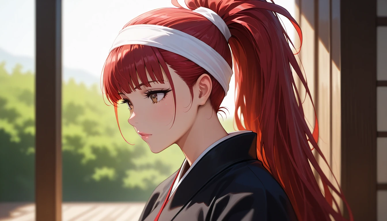 Masterpiece, best quality, , (photorealistic costume:0.6), ,  depth of field, 1 , Alone , male focus, _diadema abarai , red hair, brown eyes, pointed hair, Long Hair, ponytail, white headband, black kimono,