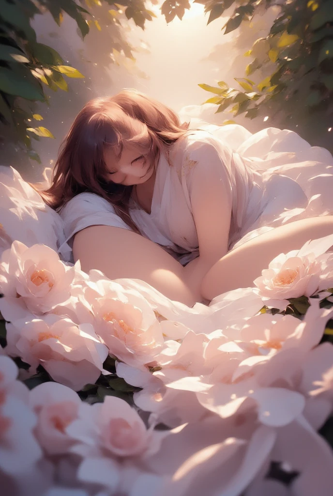 (safe for work)(full body picture, head to toe)(a woman in a sheer white dress looks surprised,startled,surprised,wondering,in awe,amazed,intrigued,curious,bewildered) (as an otter cuddles up,snuggles up,nuzzles into,settle down,rest,tucks itself,snuggles into,cuddle in) (between her breasts,against her chest,between her chest,close to her heart,close to her body,inside her arms) and goes to sleep. (material: oil painting,acrylic painting,canvas paint,watercolor painting) (additional details: beautiful garden,flower petals,floating petals,sunshine shining,sunlight filtering,glowing light,dappled light,soft breeze,peaceful) ((best quality,4k,8k,highres,masterpiece:1.2),ultra-detailed,(realistic,photorealistic,photo-realistic:1.37),vivid colors,HDR,sharp focus) (art style: realism,impressionism,romanticism) (color palette: pastel colors,soft hues,warm tones) (light: soft lighting,warm lighting,natural lighting)