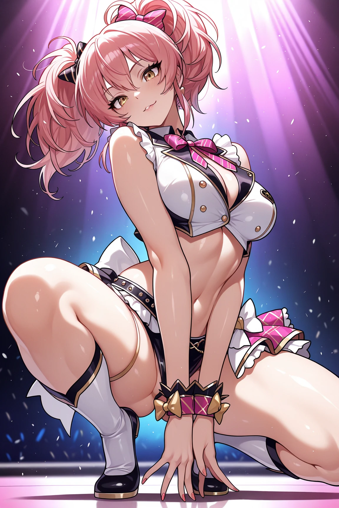 (((masterpiece))), ((highest quality)), ((Very detailed)), ((High resolution)), ((8k)), ((Anatomically correct)), One Woman, Big Breasts, Short Hair, (he is short), Very cute woman, delicate, Charming smile, Light pink hair, Lilac eyes, Bright Eyes, Big Eyes, Best moment, Vivid eyes, Beautiful Skin, Cute face, delicateな腕, Detailed skin texture, Intricate details, Very detailedな顔, Beautiful Eyes, Beautiful curves, View your viewers, Beautiful thighs, Sweating, Casino venue at night, Looking up, Open your mouth, blush, Date with a lover, Wink with your right eye, A big smile, sit, ((Bunny girl)), (Fake rabbit ears head dress), (Lower your arms),