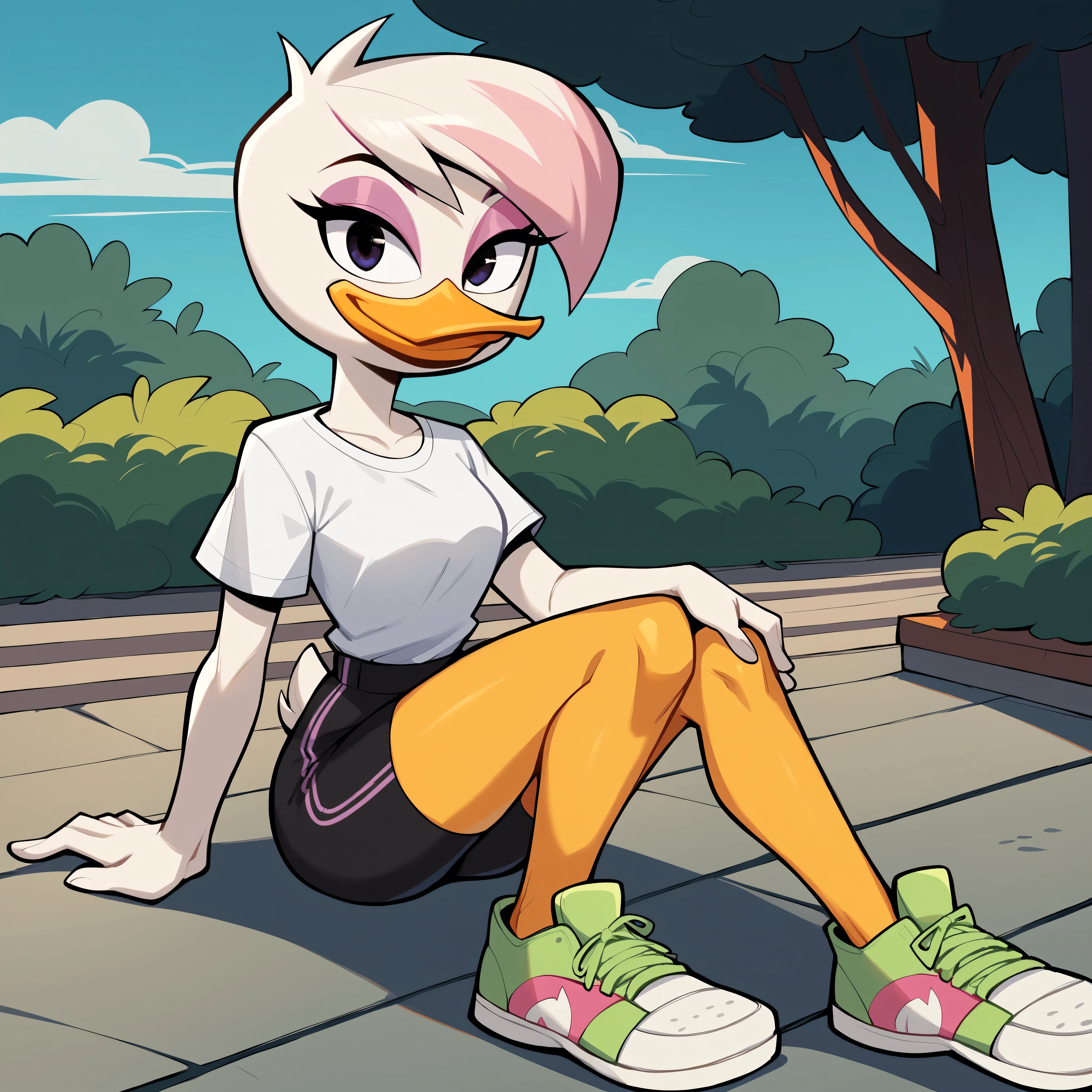 source cartoon, 1girl, female, solo, duck, beak, lena sabrewing, ducktales, duck, beak, wanting a hug towards viewer, medium chest, white shirt tucked out, white skin, black tight shorts,white hair, pink highlights, short hair, eyeliner, purple eyeshadow, pink eyeshadow, orange legs, sneakers, friendly, sexy, smiling, happy, looking at viewer, sitting, sunny, eye lighting, outdoors:1.2,