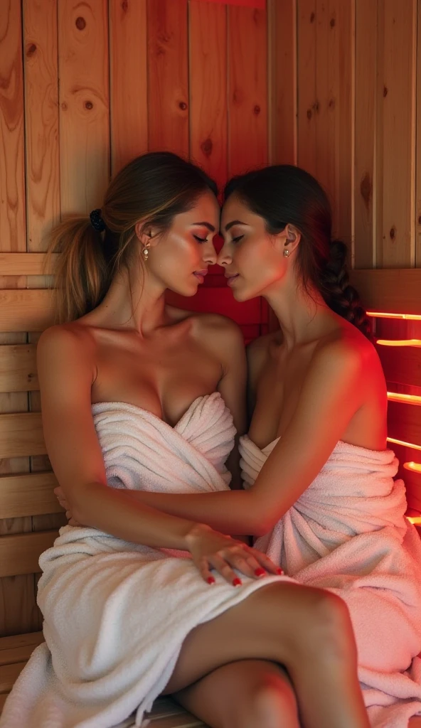 (two anatomically perfect women), blond woman and brunette, busty round buttock women kissing in sauna, (hot steam), (grabbing), (caressing),hugging,detailed breasts, (full body), seducing, desiring expression , naughty look, (beautiful eyes), red cheekbones, (masterpiece), best quality, expressive eyes, (beautifully perfect faces), wet skin, photo, realistic