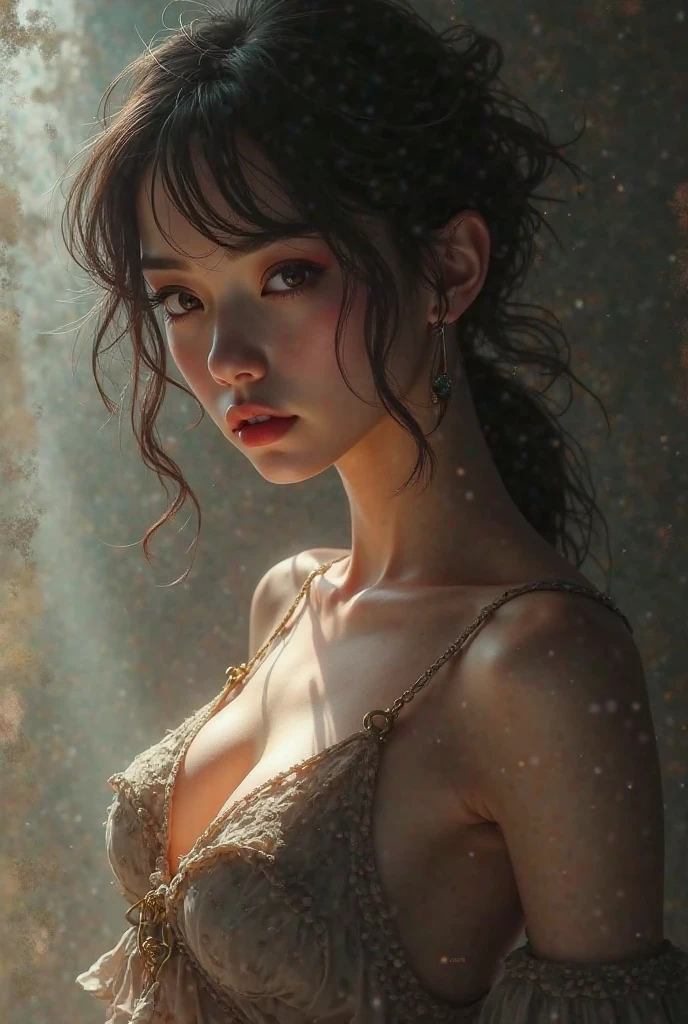 (best quality,4K,8ก,height,Masterpiece:1.2),Very detailed,(realistic,photorealistic,photo-realistic:1.4), Professional photography by dunitskiy david, natural light, Portrait, Korean beautiful girl, 17 years old, Tiring ((Long sleeve cotton t-shirt:1.4 million), Very low neckline, Shoulder reveal, sad face., soft glow, luxurious beauty, gray-blue eyes details, Sensual poses, delicate skin texture, messy hair flowing, Innocent expressions, Skinny pose, collarbone, Breasts sagging naturally, Big breasts, lie down, (Dirty workshop with poor lighting:1.4), delicate shadow, Bloody and dirty background, shallow depth of field, high contrast, The atmosphere is dark and foggy., fine art photography, low angle, (Seen from below.:1.0), Photon mapping, 