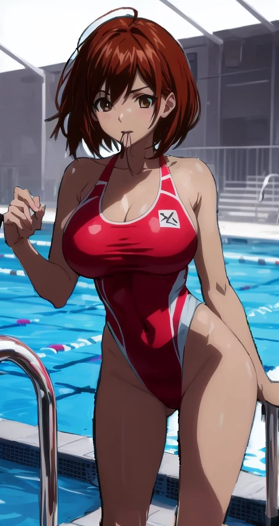 low angle shot,shoot down and up、Back photo。Kneel behind、Show her ass,actual、Super high chroma、8k、Long red hair(((30 year old woman)))、((((She is wearing a red competition swimsuit。))))、competitive swimmer、big breasts、Thick thighs、Pay attention to muscle development。競泳プールolympic Comcompetitive swimmerics stadium, Highly detailed skin textures, (skin shiny, White skin,Sweating 1.0、(((vitality)))