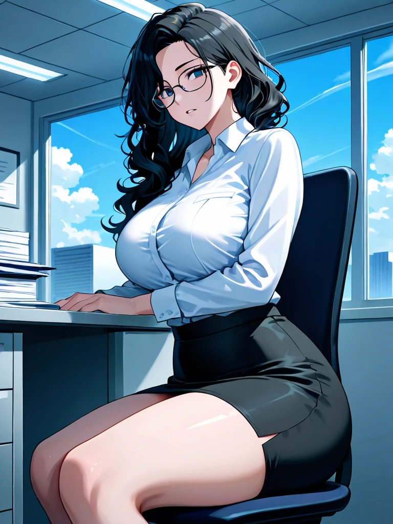 (Highest quality, Very detailed, Anime Images, Game CG, art CG, Realistic, Cinema Lighting, Perfect Shadow, Realistic lighting shading, Unity8k wallpaper), OL,Office Lady Costume, office worker (Stylish clothing), (Pencil Skirt), Black Pantyhose,Black knee high sock, Big Breasts, Long Hair, Mature Woman, (Lace panties), Perfect Eyes, Perfect Face, Earrings, (Purple garter belt: 1.1), Bible Black Style, Vulgar blush, nose, Watch Viewer, Sexy pose,Modern Office,Tabletop