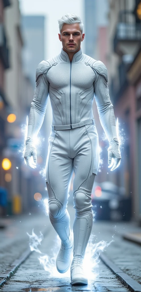 FULL BODY photorealistic white haired handsome hunky  adult Jack Frost wearing a white and silver hero suit, flying around the City 