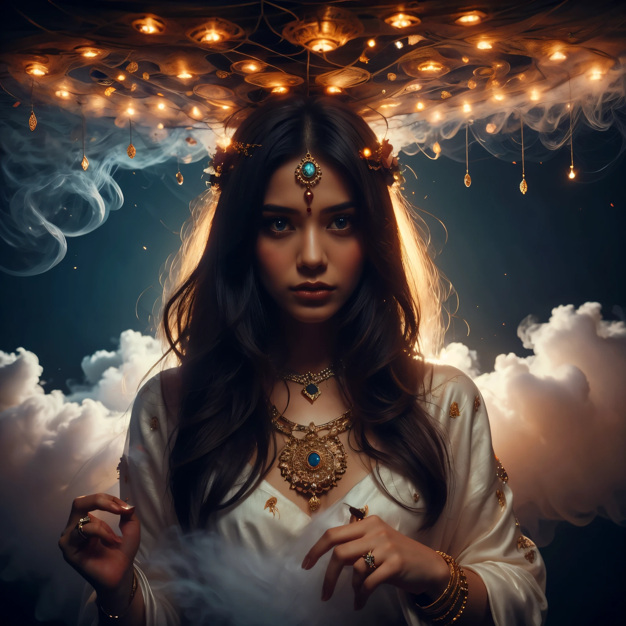A girl in beautiful indian clothing with lots of jewelry. She is in a cloud of fog with lights floating around her in a ring shape.