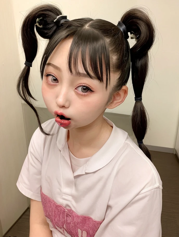 There is a woman with black hair and a striped shirt, 8k selfie photograph, Anime girl in real life, with black pigtails, braid hairstyle, young cute wan asian face, ulzzangs, young lovely Korean faces, wan adorable korean face, realistic cosplay, Korean girl, selfie of a young woman, two pigtails hairstyle, long pigtail