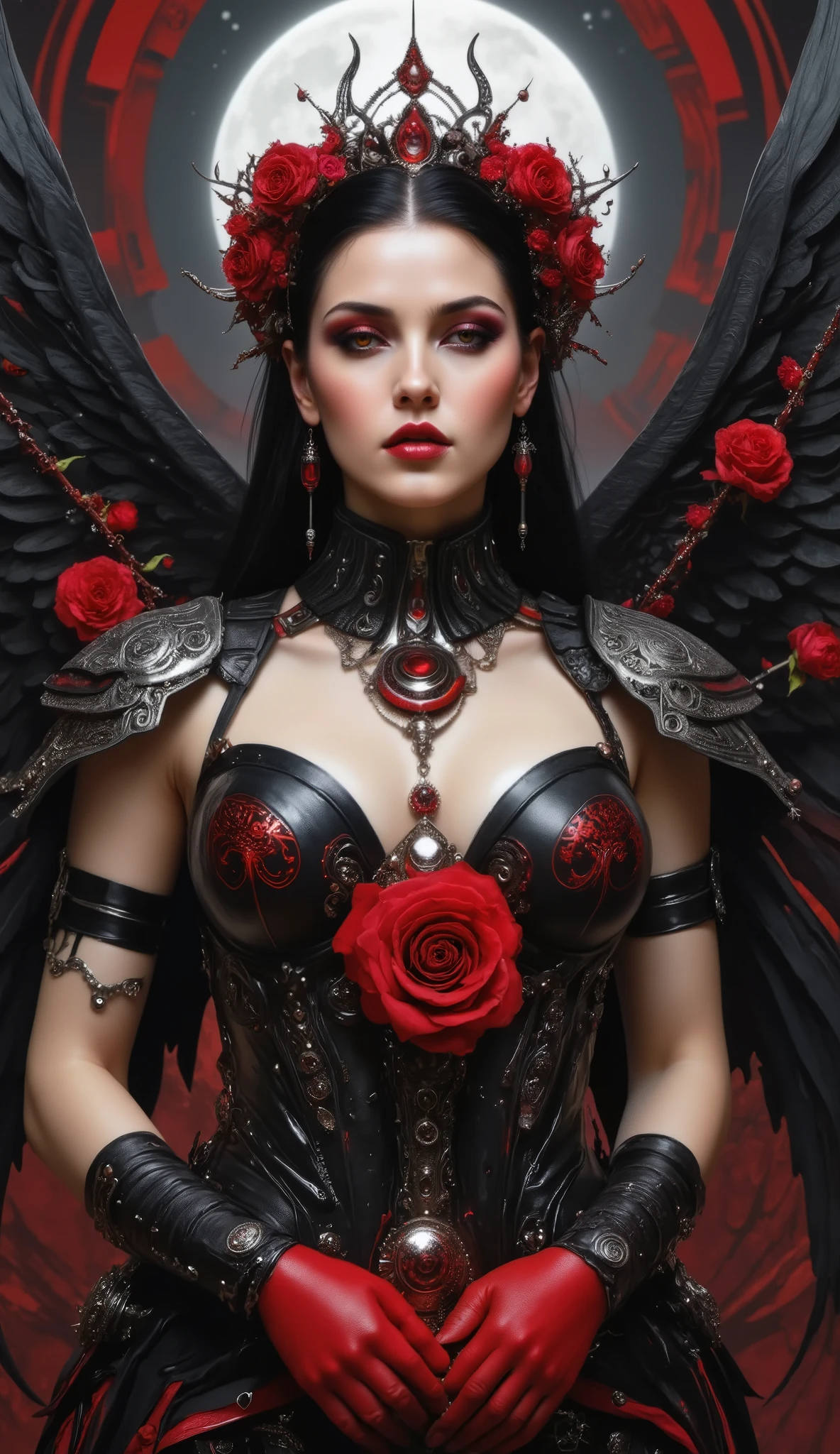 "An angel with black wings intact (Untorn) surrounded by harmless red rose thorns, with moonlight shining on it dramatically. The scene depicts beauty in pain without violence (No wounds, no blood, no sad facial expressions). The style : Gothic romance with fine details of each rose and fork."