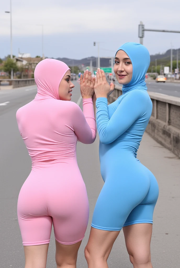 ((best quality)), ((masterpiece)), (detailed), perfect face, 2 girl, beautiful 20 year old girl, wearing a hijab, fat, body goals, wearing a tight white long-sleeved t-shirt, wearing leggings, standing on the edge of the pool, hug each other, wet clothes, smiling at the viewers,