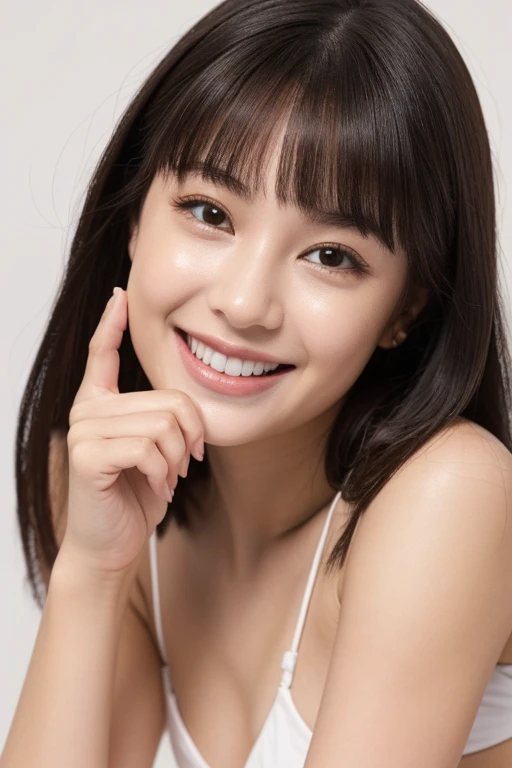 detailed portrait of a young girl, black hair, black dress, one hand making a V sign, smiling, against a simple light blue background, realistic, photorealistic, best quality, 8k, ultra-detailed, sharp focus, vivid colors, physically-based rendering,Film Portrait Photography, One person, Exposing shoulders, Shoulder-length wavy hair, Calm, Calm, (Realistic eyes, Natural skin texture, Realistic facial details), Soft and dramatic lighting, Depth of written boundary, Bokeh, Vivid details, In detail, Surreal, 35mm Film, Blurred, movie,