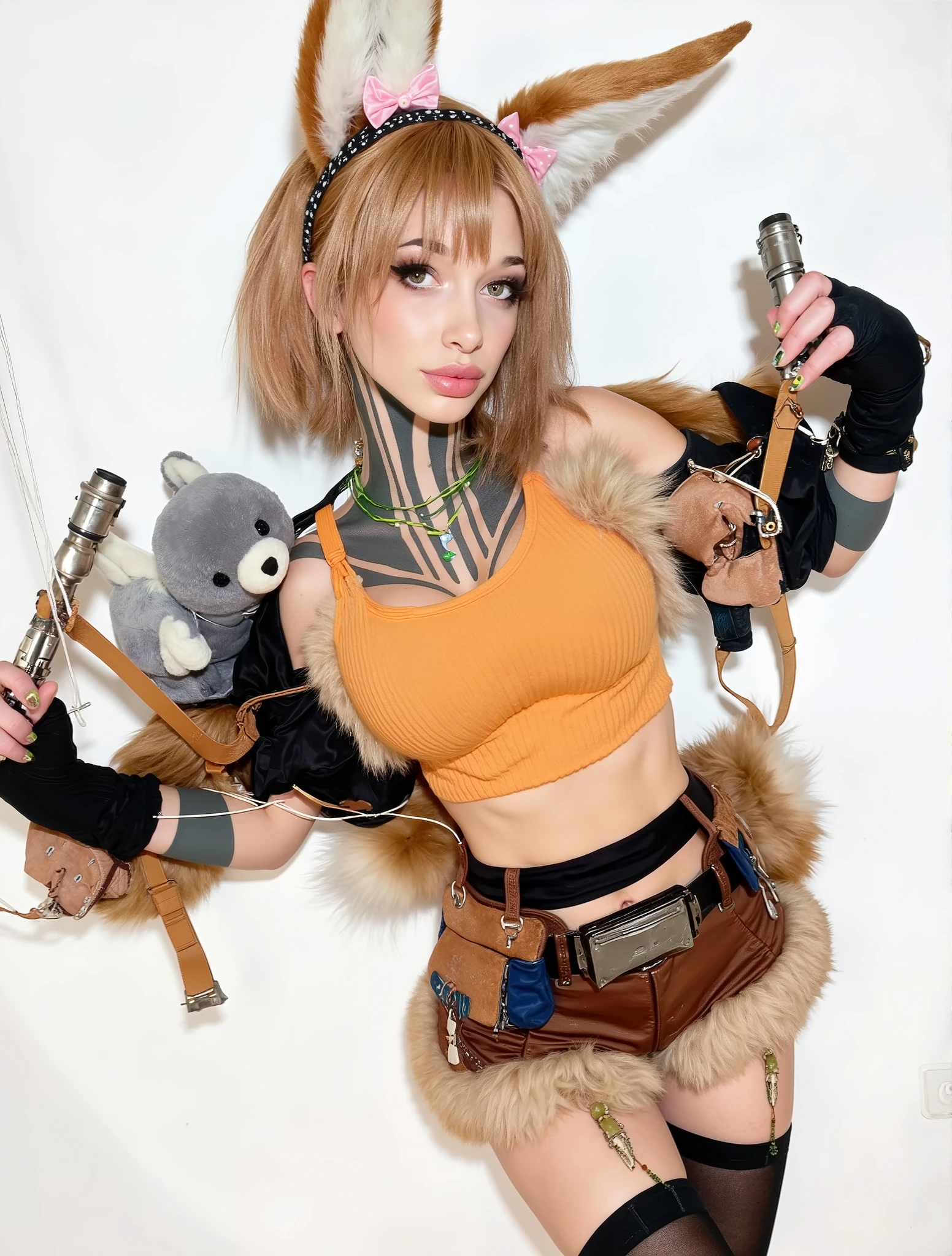 A playful individual in a cosplay outfit features short, light brown hair and fox ears with a cute ribbon, wearing an orange crop top and brown shorts with fur trim. They accessorize with a green collar necklace, fingerless gloves, a belt with pouches and a metallic piece, and cute nail art. They have a dynamic pose, holding a slingshot and featuring a small plush animal on their shoulder, exuding a fun, adventurous vibe with natural lighting in a studio setting.