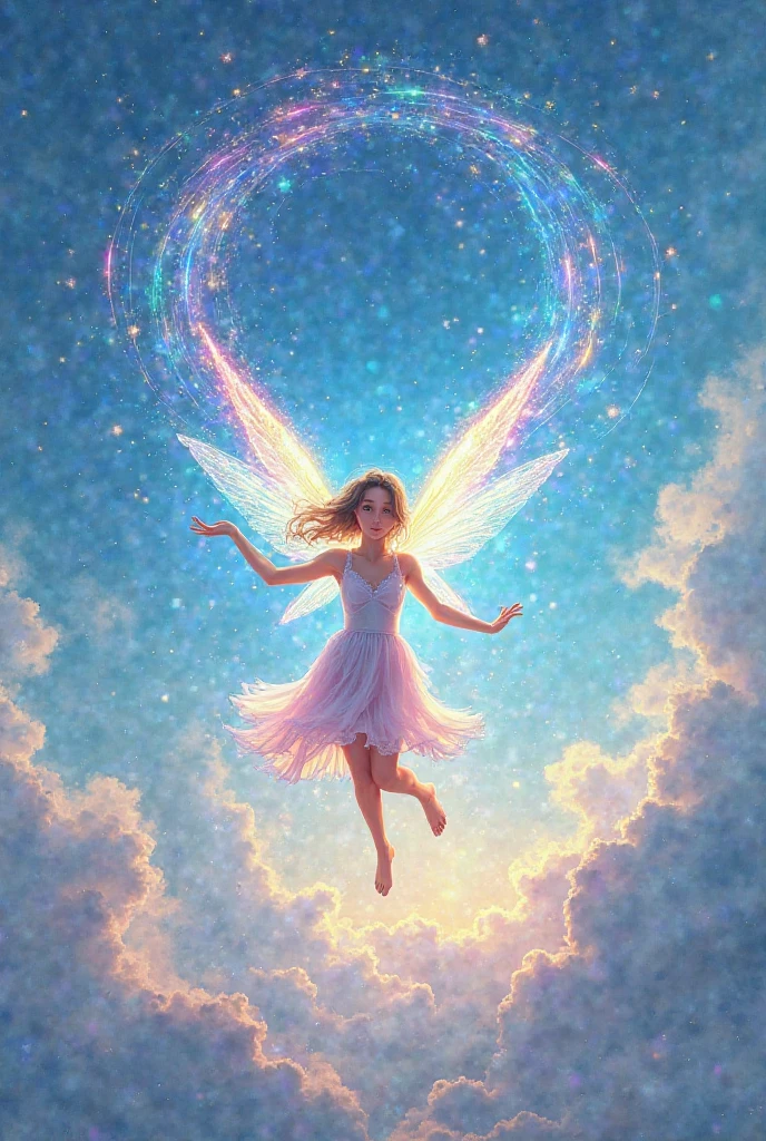 A beautiful angel is smiling and flying above the illuminated futuristic city, dancing, rainbow lights, outer space