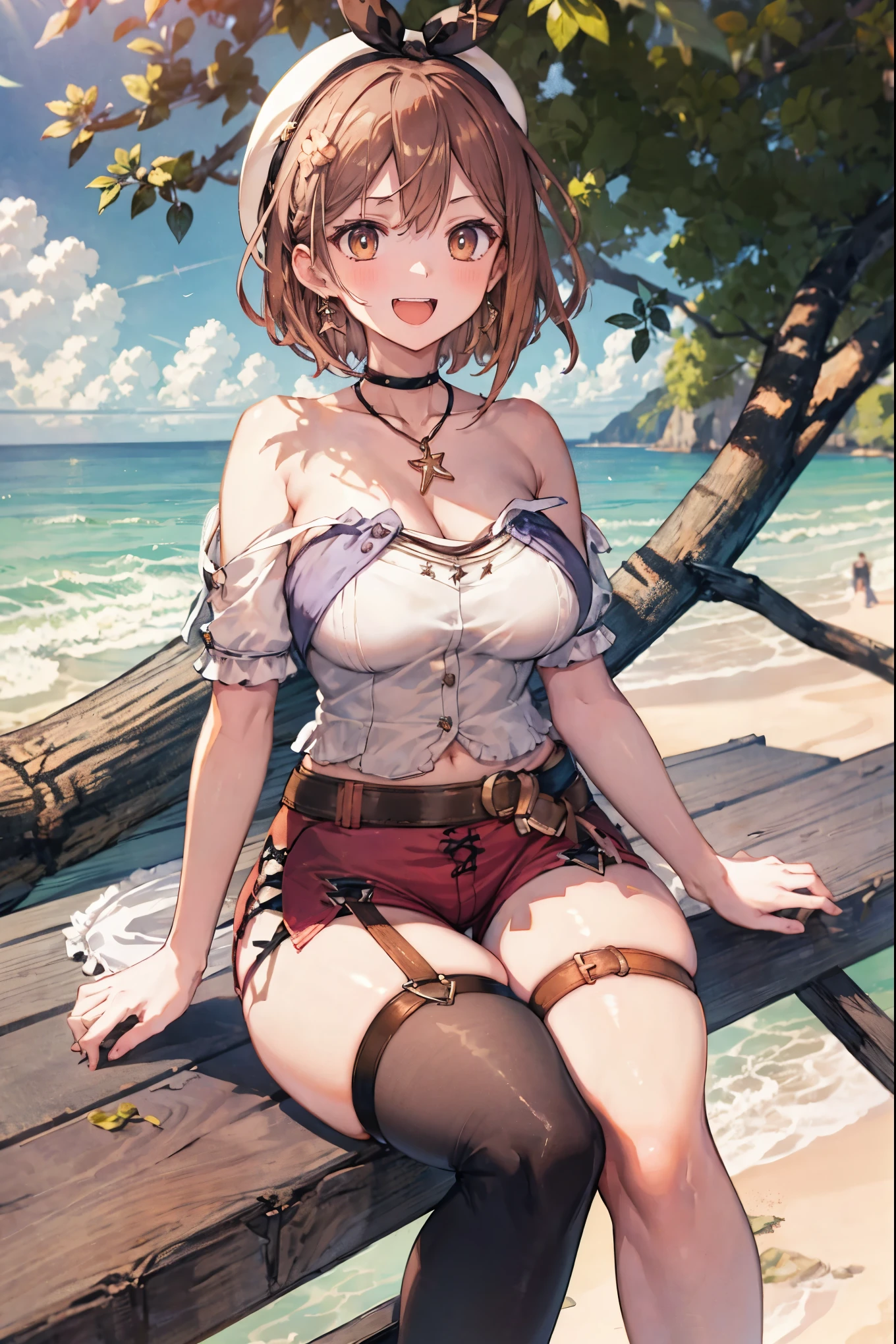 Masterpiece, top quality, Hi-Res, very detailed CG , 2nd Default, asymmetrical design costume, Bare Thighs , belt, chest, teeth, is laughing, beach,1teen young_girl,white_camisole,large_breasts,large_thighs,short_shorts,apart_legs,raise_fist,sitting_on_wood_deck, (pectineus_muscle:0.2),thigh_strap,