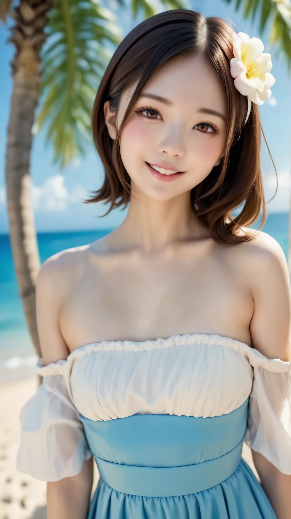 one girl on her back、 masterpiece, , 8k, very well detailed, Japanese woman, Japanese girl, one girl on her back、( flat body :1.34)、cute、Down, brown hair, brown eyes, detailed face showing the tip of the tongue , no makeup, Light blue dress, off shoulder summer dress, Light blue off-shoulder dress, Natural colors,very realistic pictures,((white sand beach、Palm Tree、blue sea、blue sky、))、Cowboy Shooting、Beach Awning 、Best Quality、ultra high resolution、