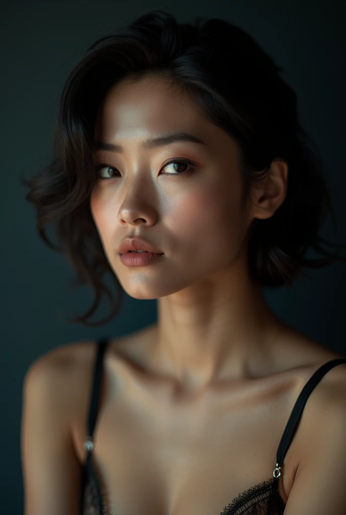photo brute, femme visage jolie asiatique ;une belle femme de 20 ans ,visage caractere, porter une robe noire, mine coquine , ombres dures, Prise de vue de face, Éclairage lumineux