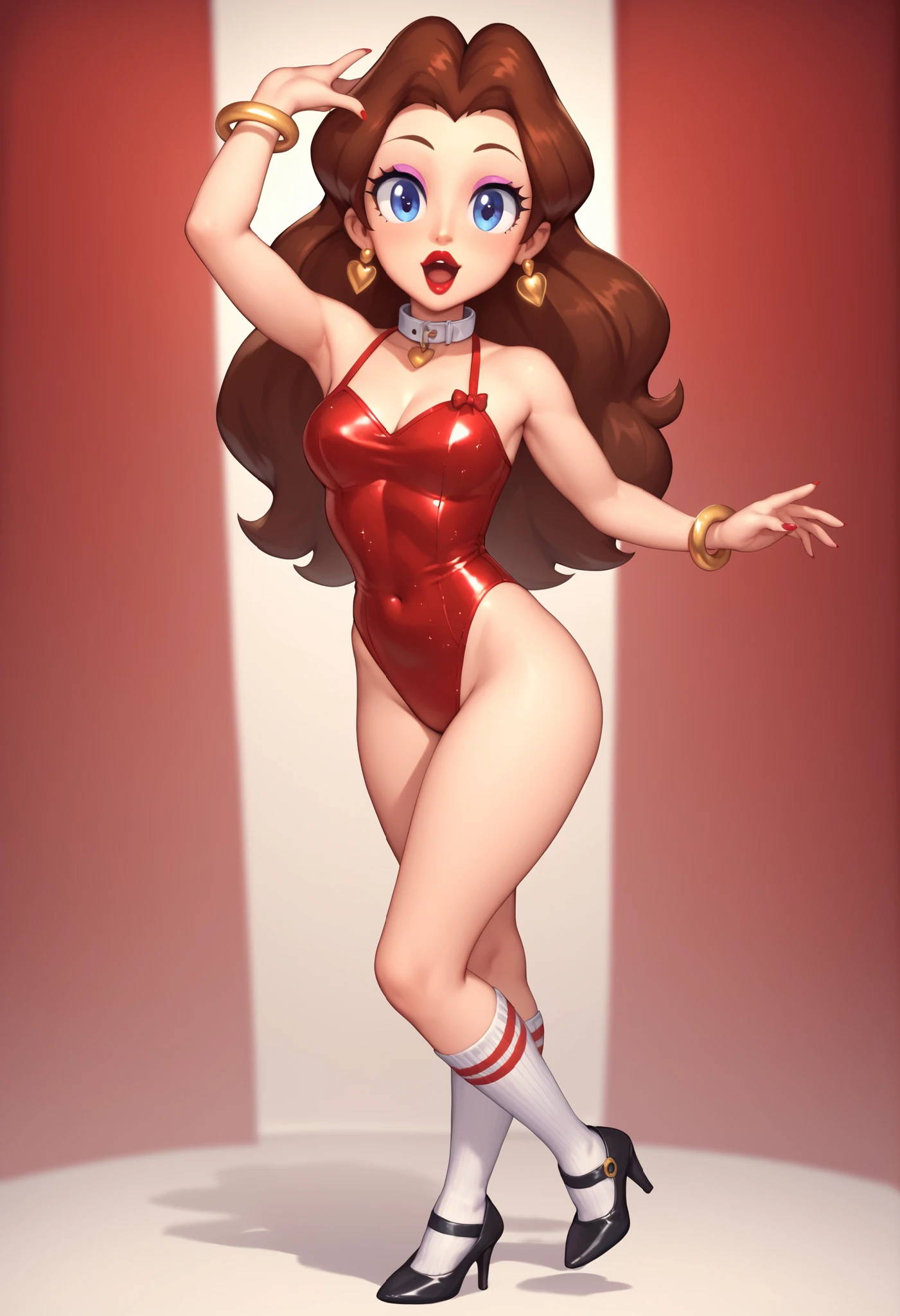 Cute Pauline wearing a sparkling shiny red leotard, black Mary Jane strap tap heels with small white socks,,performing on stage with red curtains, black mix with brown hair, eyes are centered,, while tap dancing cute, red bow with a white collar on her neck, natural beautiful makeup,