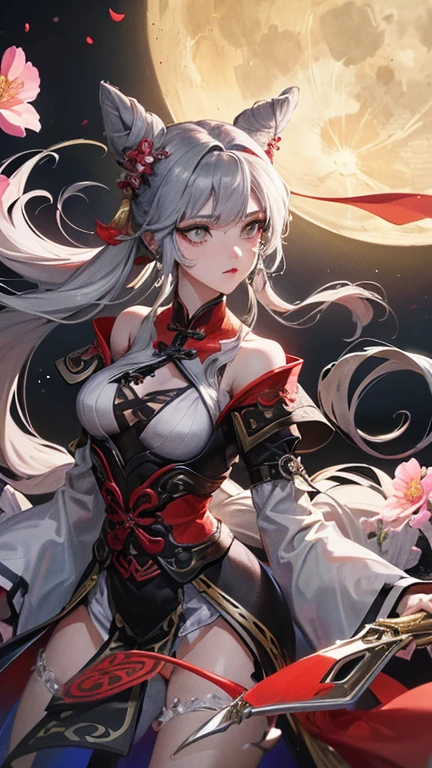 8K, masterpiece, highest quality, night, full moon, 1 girl, Chinese style, Architecture of China, mature woman, younger sister, silver white long haired woman, long hair, pale pink lips, Calm, reasonable, bangs, gray student, assassin, Fans, knife Fans, Petal dance, delicate face