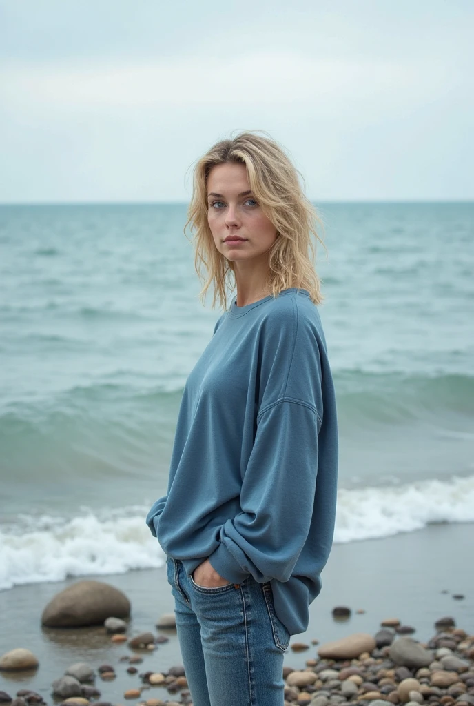 Pale blonde teenage girl with bangs and blue-green eyes in a green blouse taking a photo at sunset on a beach with the blue sea holding her white cat 