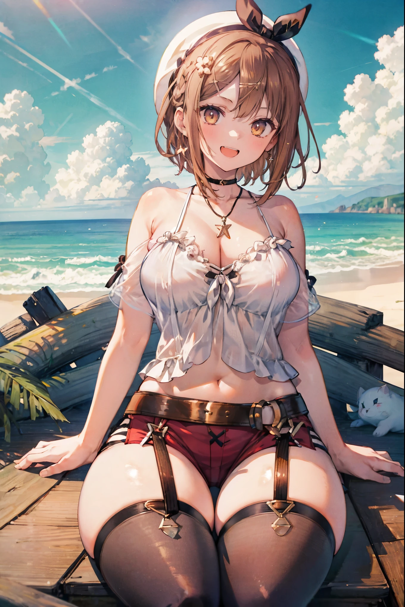 a woman in a bikini, posing on a steampunk tank, laying on the tank or leaning on the tank with her butt to the viewer, sexy poses, glamour photography, on a beach, detailed face and body, intricate steampunk details on the tank, golden hour lighting, vibrant colors, photorealistic, 8k, high quality, cinematic