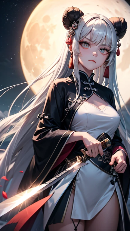 Masterpiece, Excellent, Night, Outdoor, Rainy Day, Branches, Chinese Style, Ancient China, 1 Woman, Mature Woman, Silver-White Long-Haired Woman, Gray-blue Eyes, Pale Pink Lips, Cold, Serious, Effeminate, Bangs, Assassin, Short Knife, Red, Black Pattern, Bloodstain, Blood, Wound, Blood on Face, Blood on Clothes, Rain, Fine Face, Fine Face,