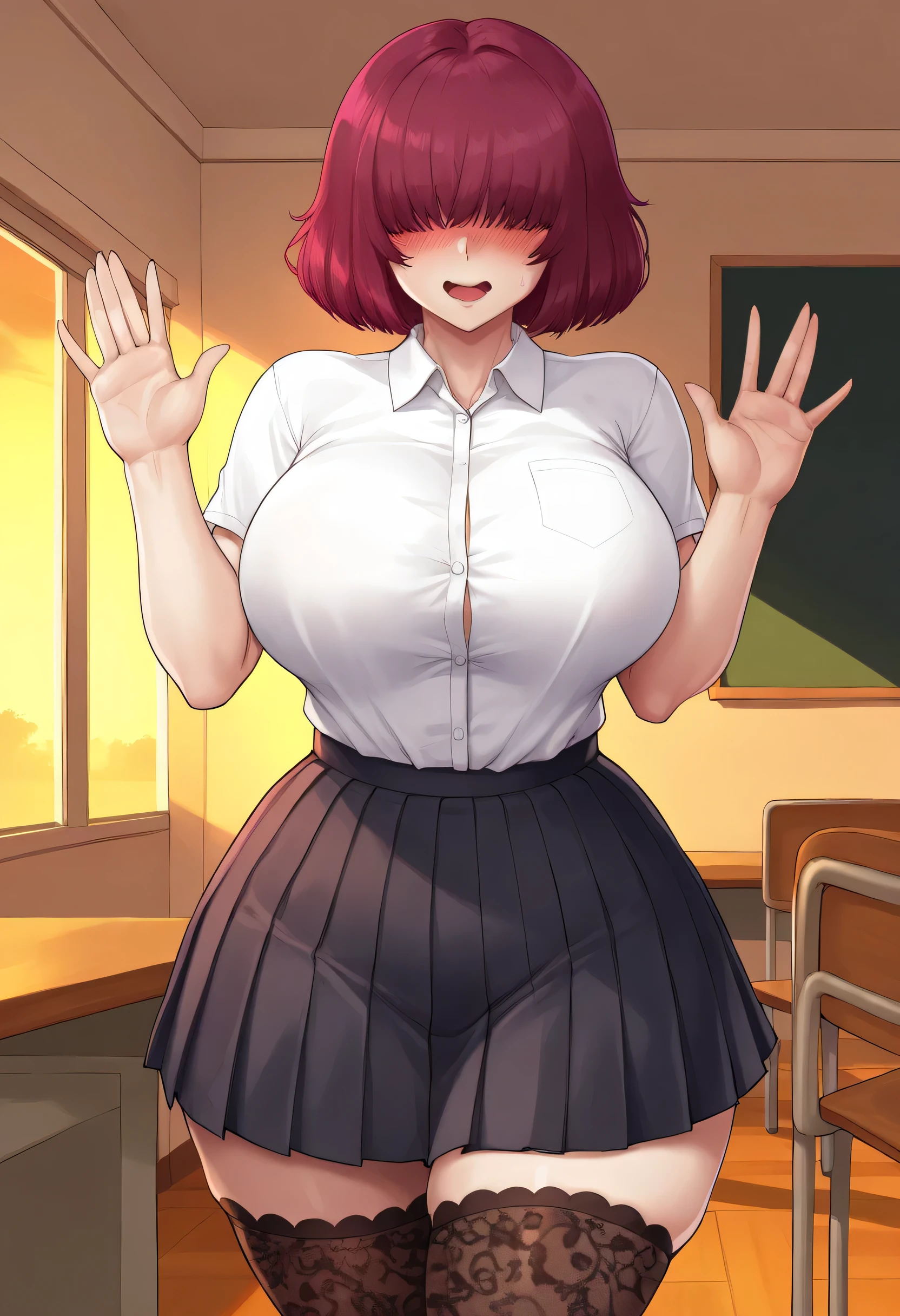 Girl, dark pink hair, beautiful, short hair, hime cut, hair over eyes, lush hair, tall height, no eyes, curvy thighs, curvy hips, thin waists, curvy ass, big breasts, skinny, detailed eyes, detailed face, detailed body, adult, detailed classroom, detailed eyes, make up, white school shirt, black pleated skirt, black patterned stockings, detailed image, shy, innocent, solo, evening, looking at viewer, embarrassed, standing, hands up, waving two hands, nervous, front view, flustered, shocked, open mouth slightly, refusing