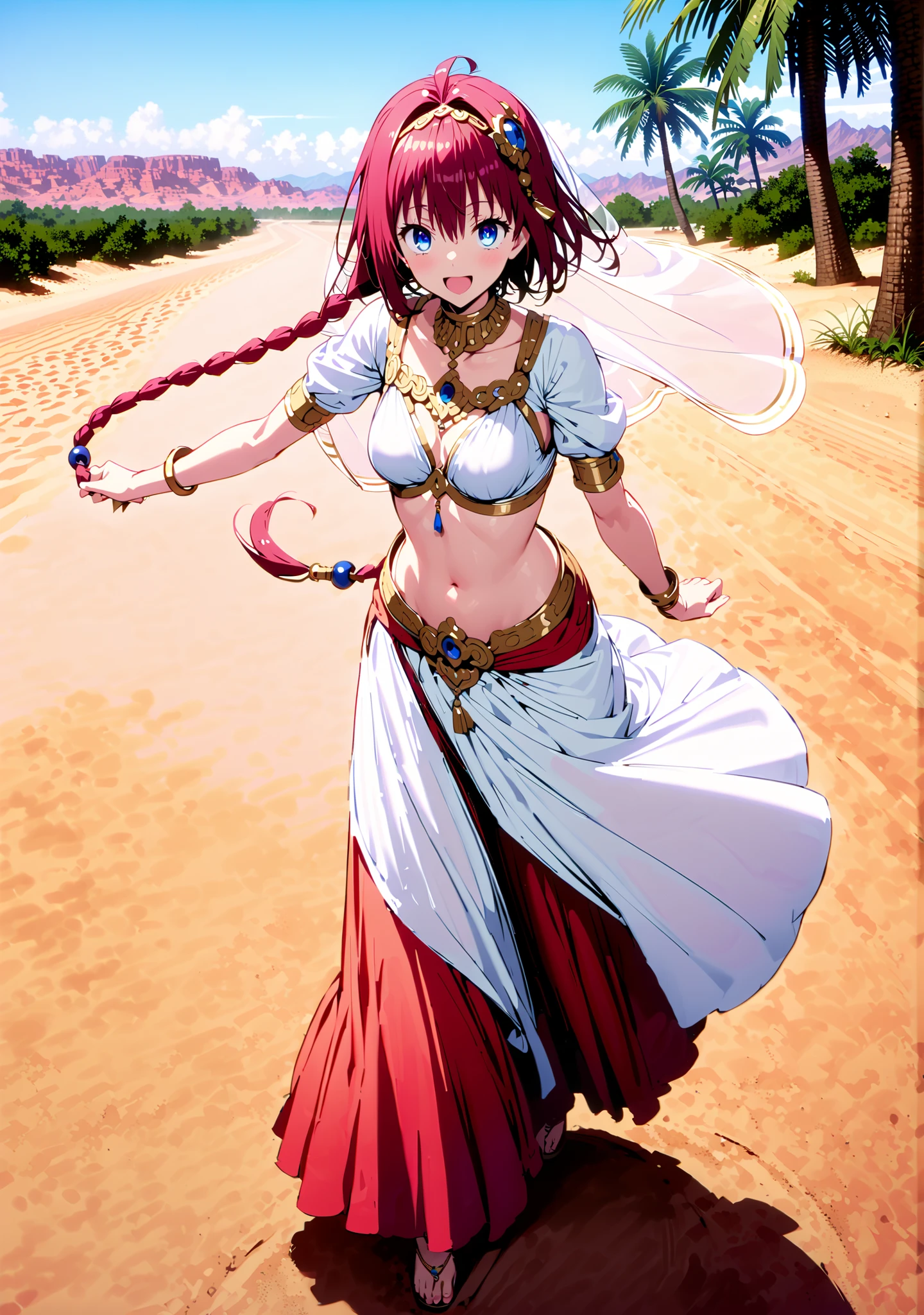 Kurosaki's thing , stupid hair, blue eyes, Single long braid, Hair Intake, hair ornament,red hair,smile,cover,opens her mouth,Medium breast, Harem outfit, White Veil, Arabian clothing, collar , Mousebale, circlet , harem pants,gold trim, dancer ,Palm Tree,Dancing,full bodyがillustrationsに入るように,break outdoors, desert,オアシス
break looking at viewer,full body,
break (masterpiece:1.2), Best Quality, high resolution, Unity 8k 壁紙, (illustrations:0.8), (beautiful detailed eyes:1.6), very detailed face, so that it fits into the illustration, Extremely Detailed CG, (perfect hand, perfect anatomy),