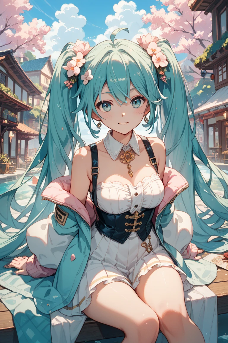 小さなgirl、Face photo、Face up、The arrival of spring、big ass、 (alone:1.5,)Super detailed,bright colors, very beautiful detailed anime face and eyes, look straight, ;d, shiny_skin,girl, ((Turquoise long hair,The inner color is red 、forehead is exposed.、green eyes、、shiny hair, delicate beautiful face, blush、(turquoise eyes), White skin, Valletta, earrings,、blue flower field、(((Floral pink.one piece)))、twin tails、smile、smile、Face dyed red、Face-centered、pantyhose