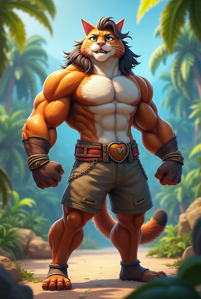 a male lion furry, 20 years old, a little muscular, blue-eyed, shirtless and wearing cargo pants, wearing half finger gloves, holding a pistol, in the Amazon rainforest in a 2d animation style