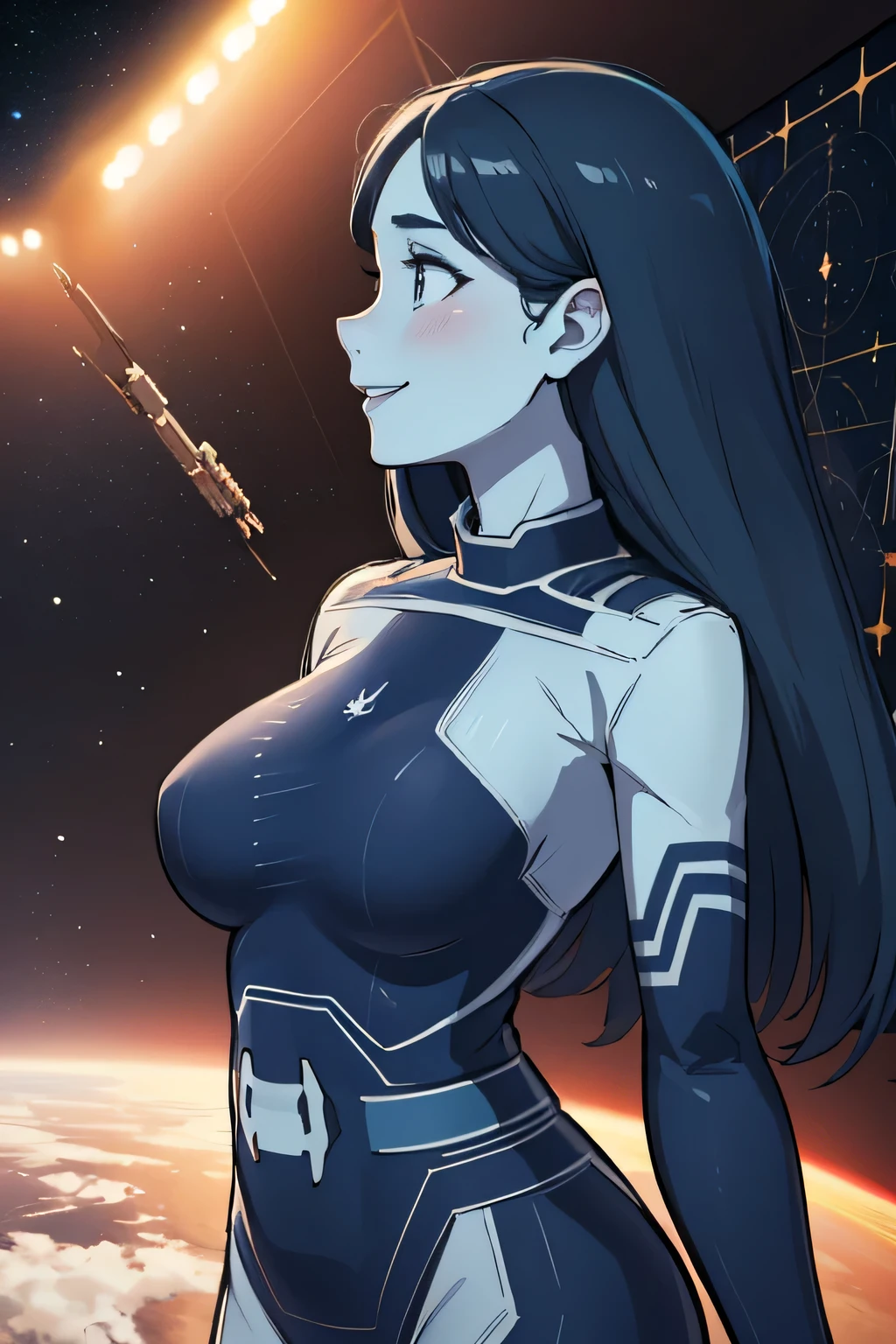 masterpiece, best quality, thewpn, blue skin, blue bodysuit, large breasts, profile, outer space, space station, glowing, hologram, spotlight, long hair, light smile, blushing