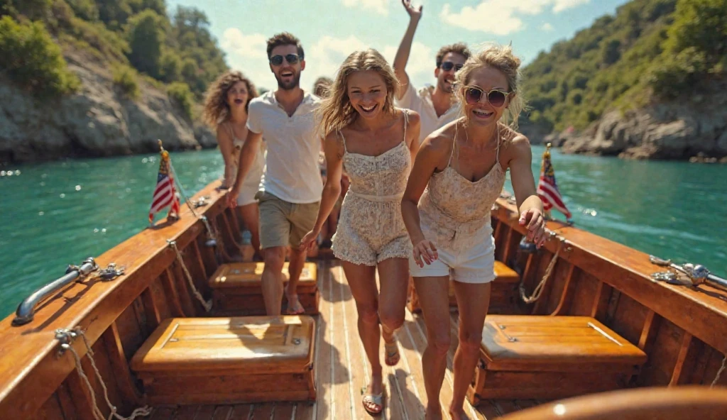 (photorealism:9:16), beautiful blonde woman on a boat with her Friends 