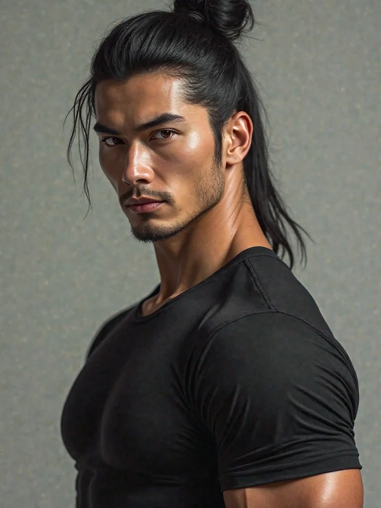 masterpiece, best quality, handsome Asian 30 year old, fair skin male, long dark hair, perfect face, chest abs, tattoos, half body, long hair