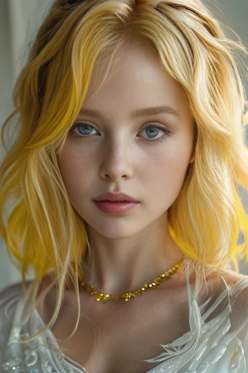 chibi style masterpiece,best quality,bellissima,1girl, solo, half body, yellow hair, cute, adorable, bright colors, cheerful, highly detailed, smile
