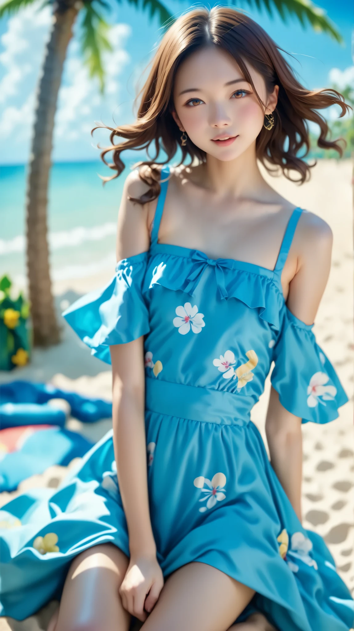 one girl on her back、 masterpiece, , 8k, very well detailed, Japanese woman, Japanese girl, one girl on her back、( flat body  :1.34)、cute、Down,  brown hair,  brown eyes,  detailed face showing the tip of the tongue , no makeup, Light blue dress, off-the-shoulder summer dress, Light blue off-shoulder dress, Natural colors,very realistic pictures,((white sand beach、Palm Tree、blue sea、blue sky、))、Cowboy Shooting、Beach Awning 、Best Quality、ultra high resolution、